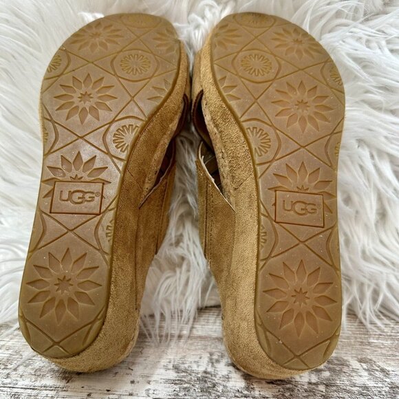 UGG Sandals Size 6.5  Nubuck Tan Lilah Strappy Suede Cork Wedge Hot! - Picture 5 of 12